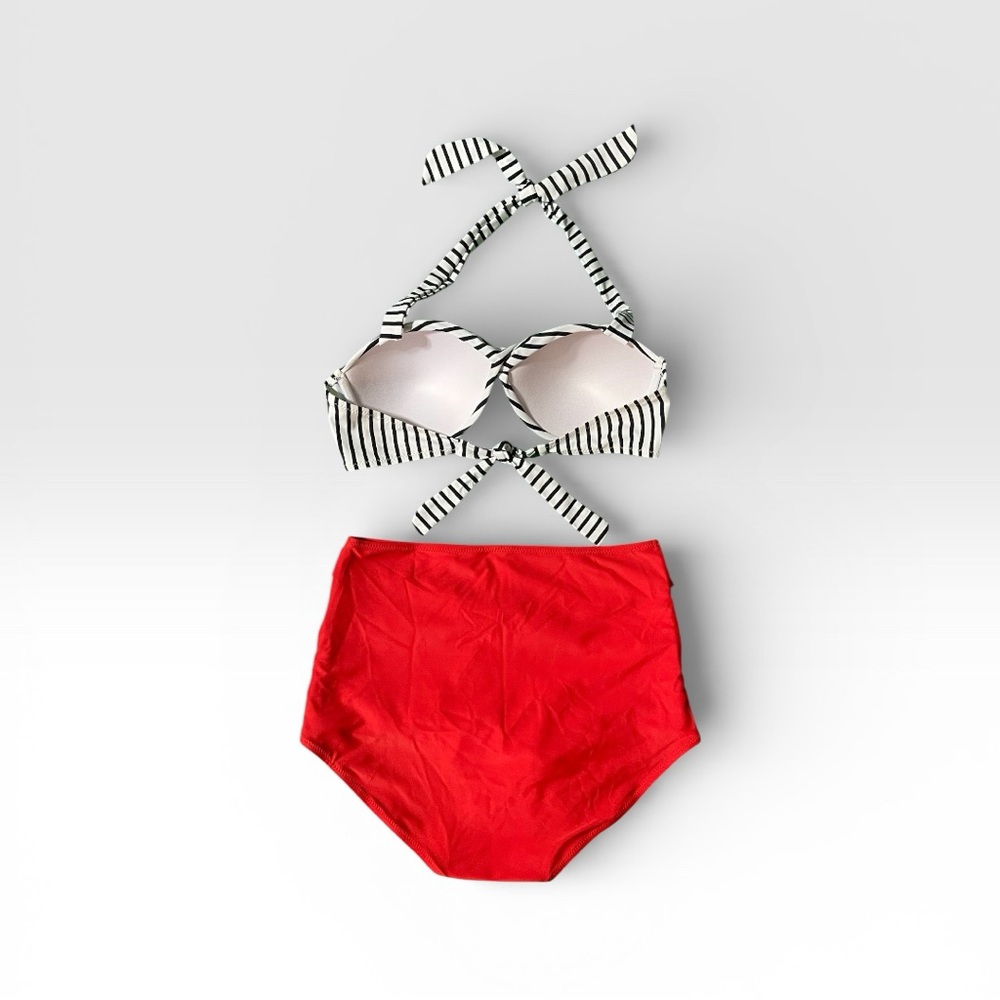 Elegant Black and White Striped Bikini with Red High-Waisted Bottoms - Picture 6 of 6